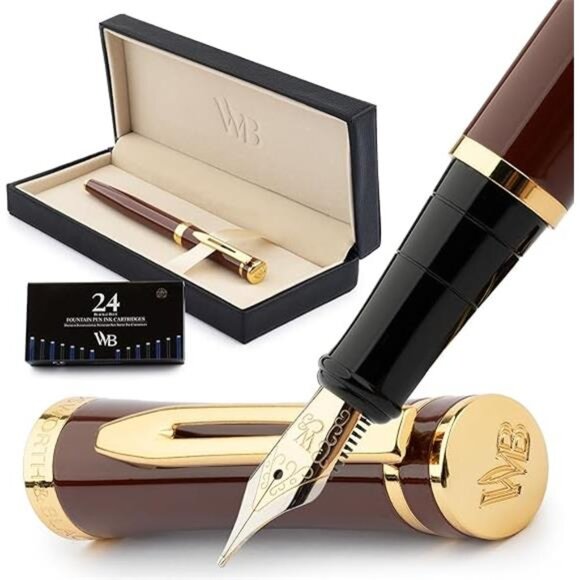 Black Fountain Pen Kit, 18K Medium Gold Nib, Includes 24 Ink - Picture 7 of 7